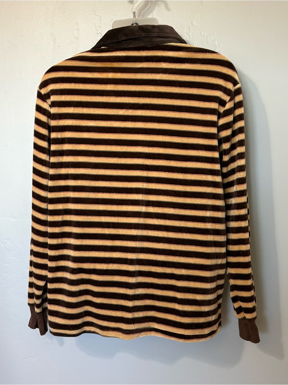 JCPenney Velour Shirt Mens Large Vintage 1970s Disco Hipster Skate Brown Striped - Picture 2 of 7